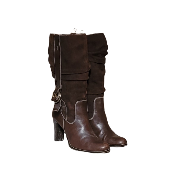 Vintage Women Suede Brown Pull On Boots With Buckle Detail By Nine West Size 10M - Picture 1 of 10